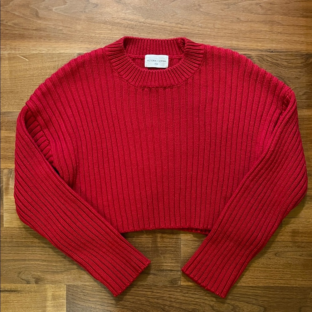 Victoria + Sophia Bold and Bright Red Crew Neck Cropped Sweater